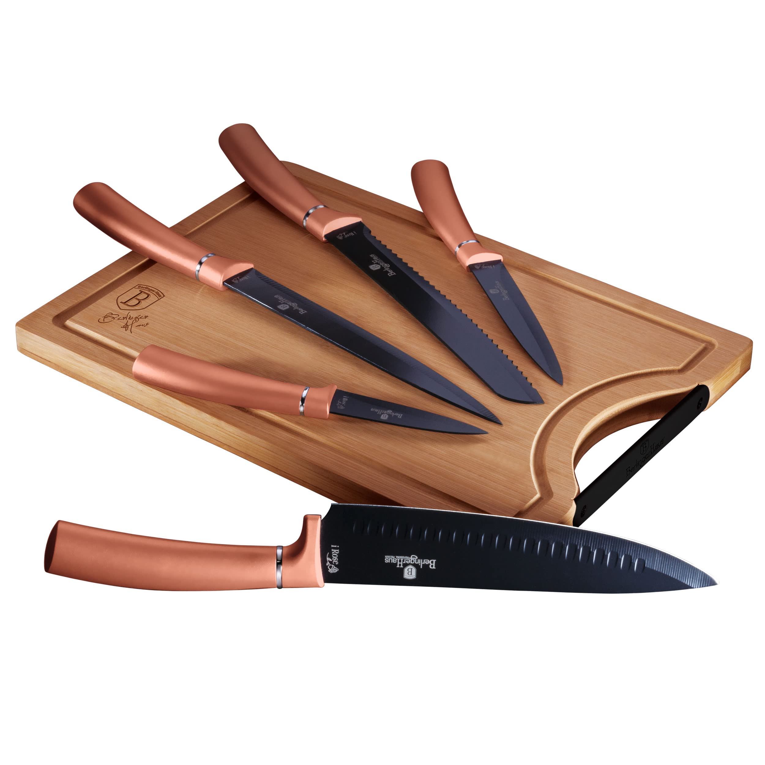 berlinger-haus-metallic-rose-gold-set-5-couteaux-inox-planche-bambou image 1