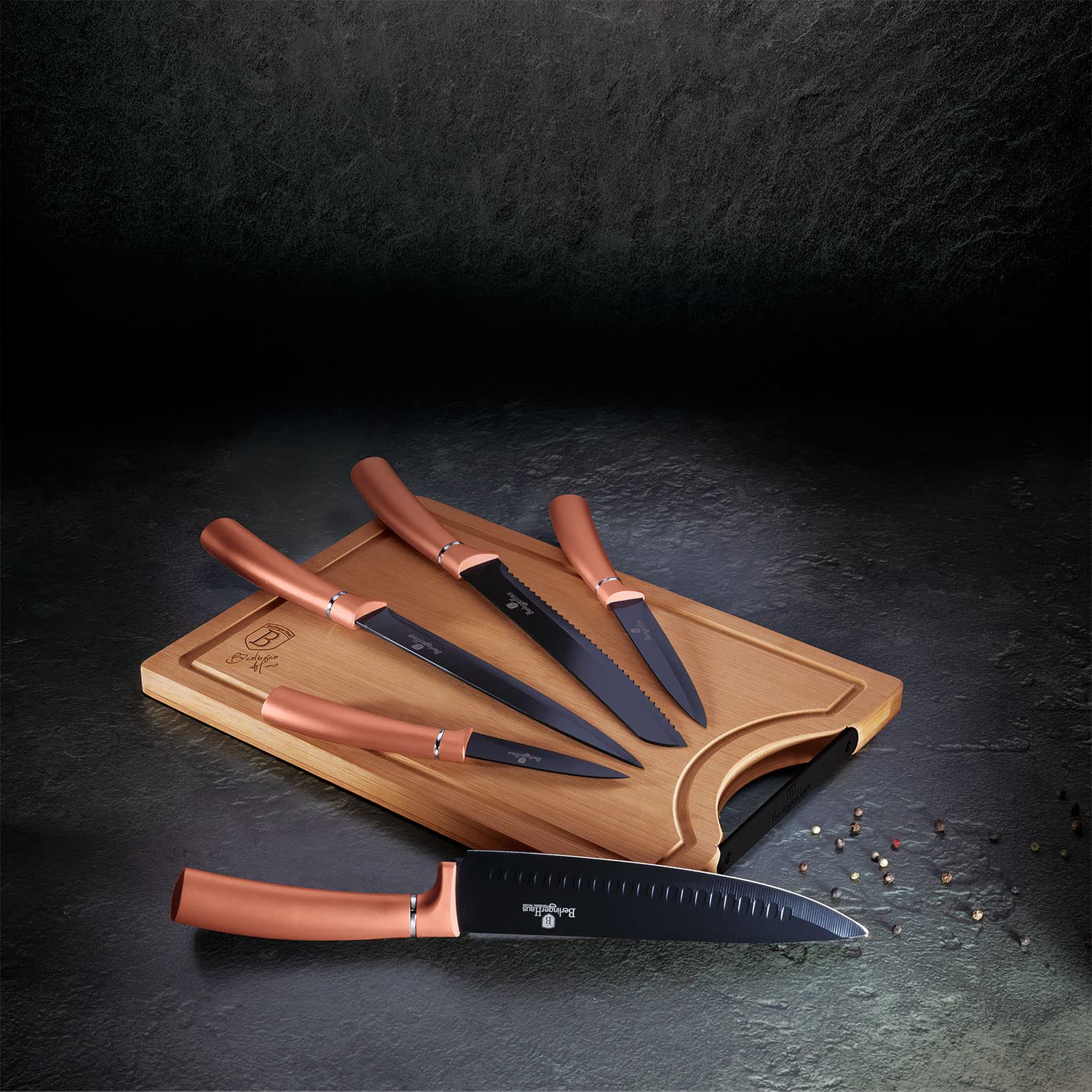 berlinger-haus-metallic-rose-gold-set-5-couteaux-inox-planche-bambou image 2