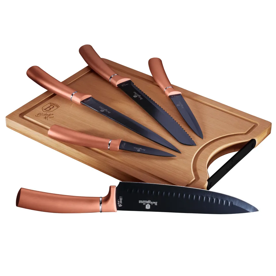 berlinger-haus-metallic-rose-gold-set-5-couteaux-inox-planche-bambou image 1